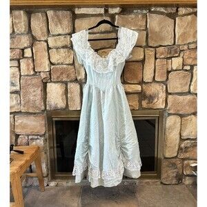 VTG 80s Gunne Sax Light Blue Lace Bow Dress Sz 11 Prom Jessica McClintock Women